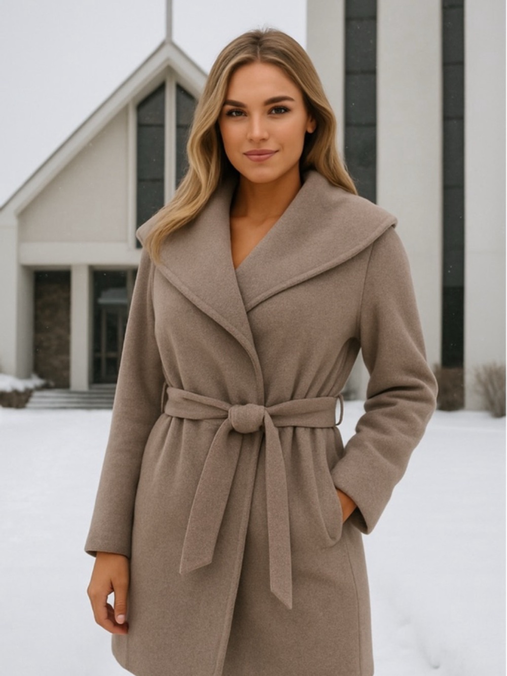 Merona Taupe Wool-Blend Wrap Coat with Pink Hanger Accent